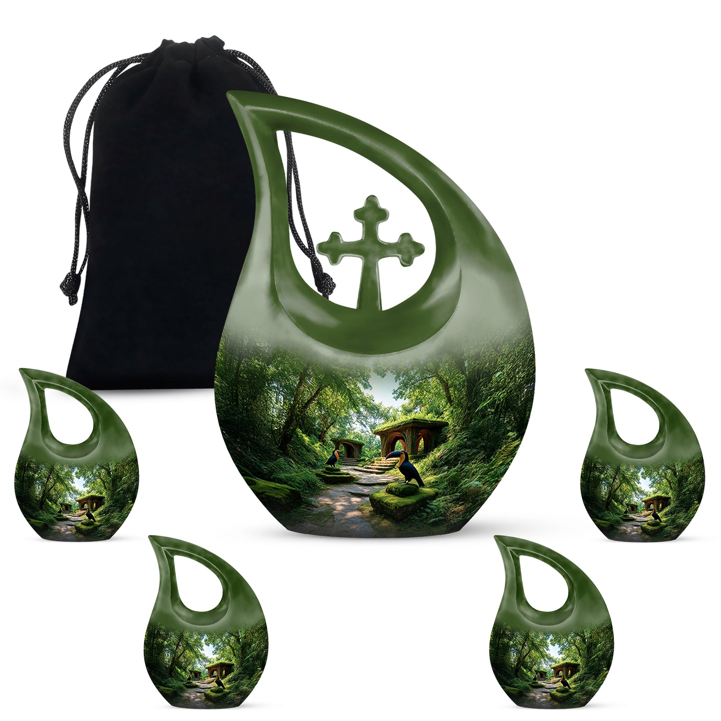 Hunter Green Hornbill Cremation Urn urn with complimentary velvet bag - devotional cross-drop hornbill engraving - memorial set with one large and four small urns