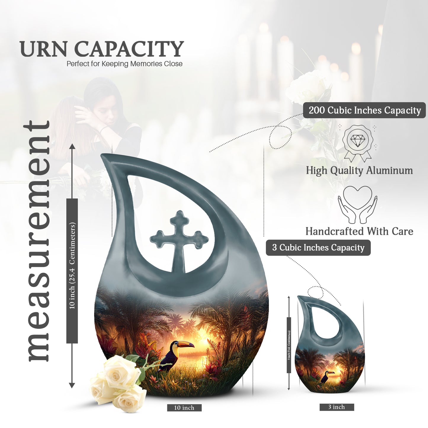 Ocean Teal Hornbill Cremation Urn back view with polished surface - cross and hornbill combined in spiritual memorial design - mini keepsake memorial for portion of cremation ashes