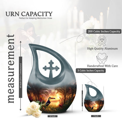 Ocean Teal Hornbill Cremation Urn back view with polished surface - cross and hornbill combined in spiritual memorial design - mini keepsake memorial for portion of cremation ashes