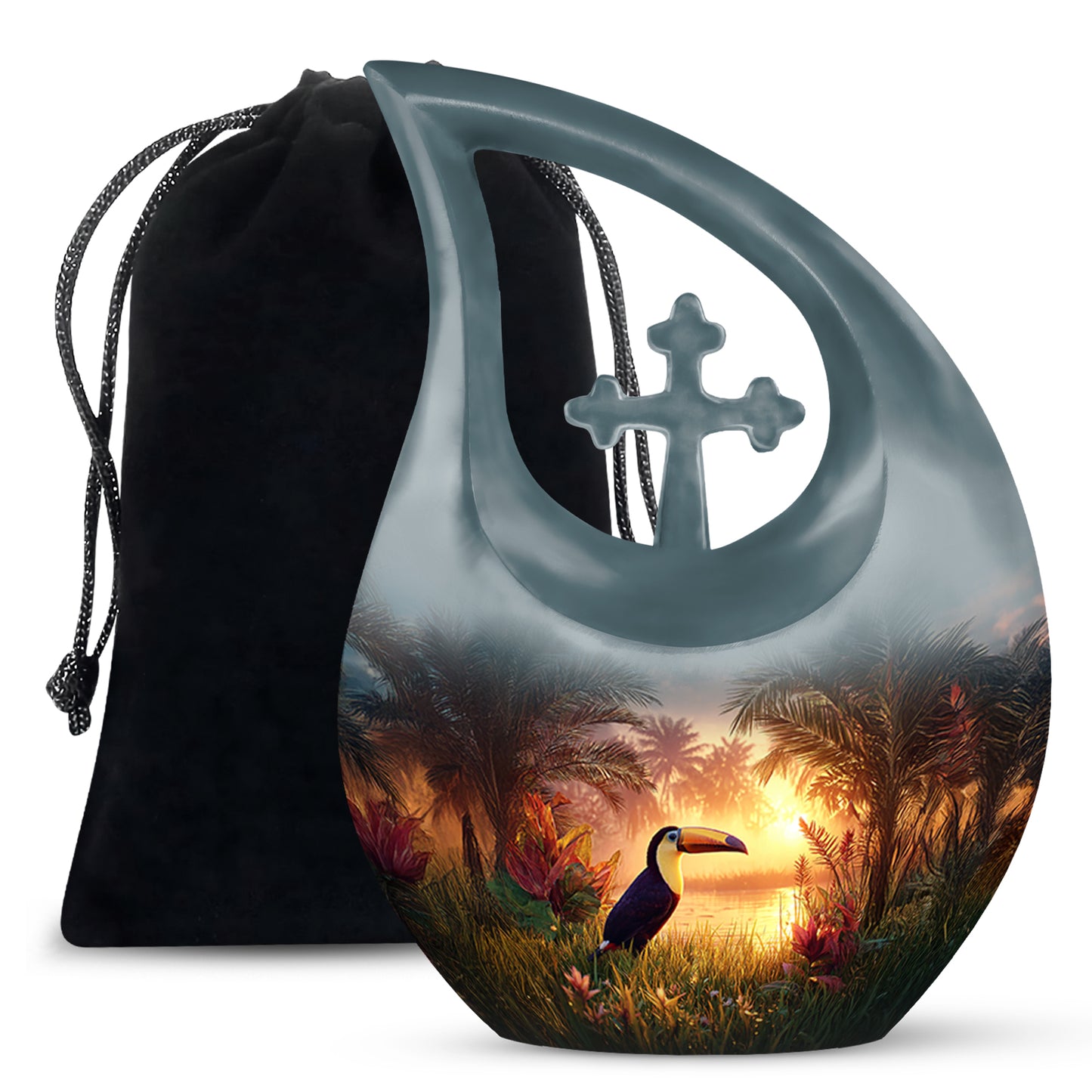 Deep Teal Hornbill Cremation Urn top-down view of secure threaded lid - faith-inspired cross-drop urn with hornbill pattern - full-size 10 inch 200 cubic inch adult cremation urn