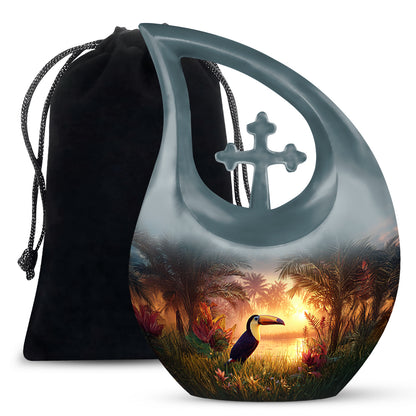 Deep Teal Hornbill Cremation Urn top-down view of secure threaded lid - faith-inspired cross-drop urn with hornbill pattern - full-size 10 inch 200 cubic inch adult cremation urn