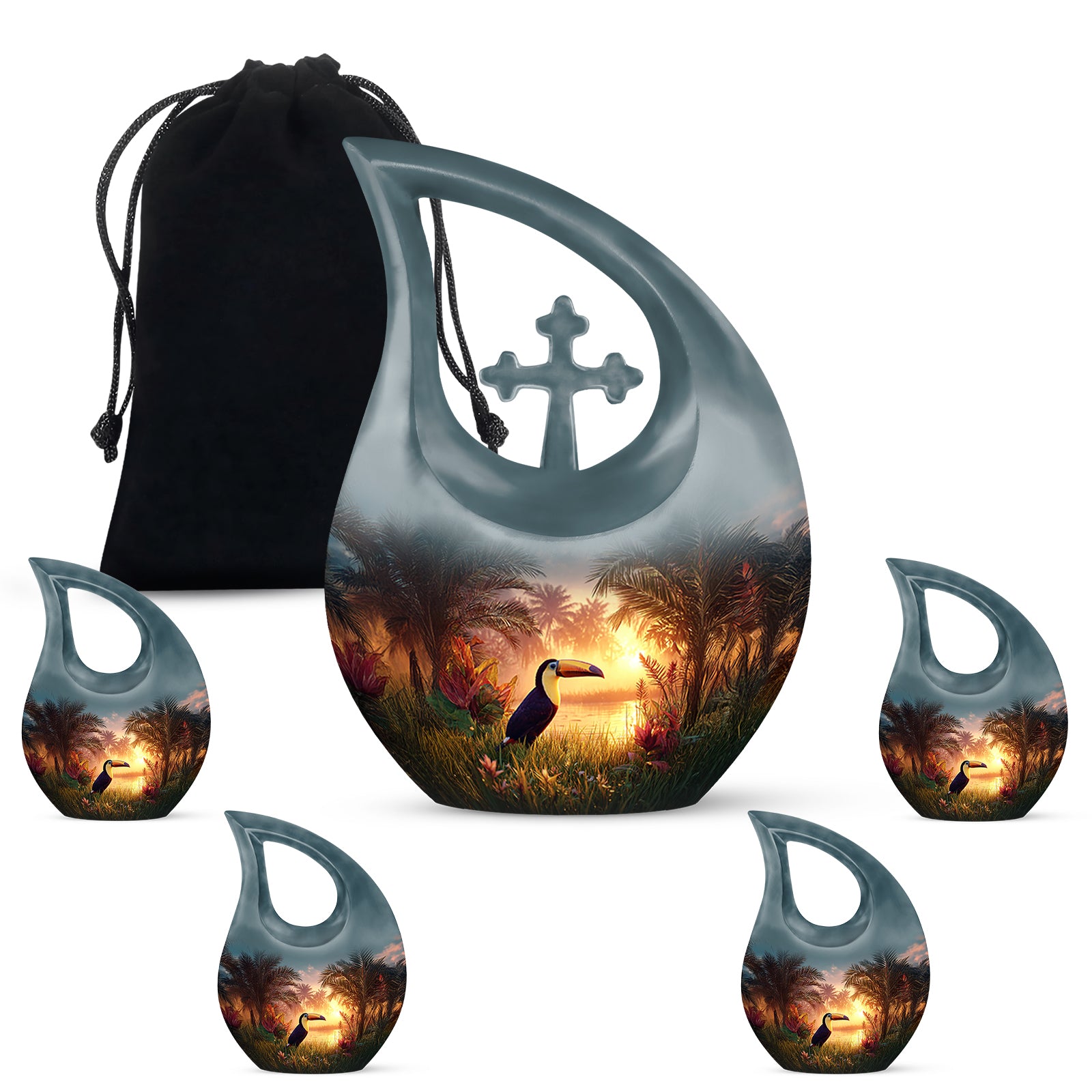 Mystic Teal Hornbill Cremation Urn urn with complimentary velvet bag - devotional cross-drop hornbill engraving - memorial set with one large and four small urns