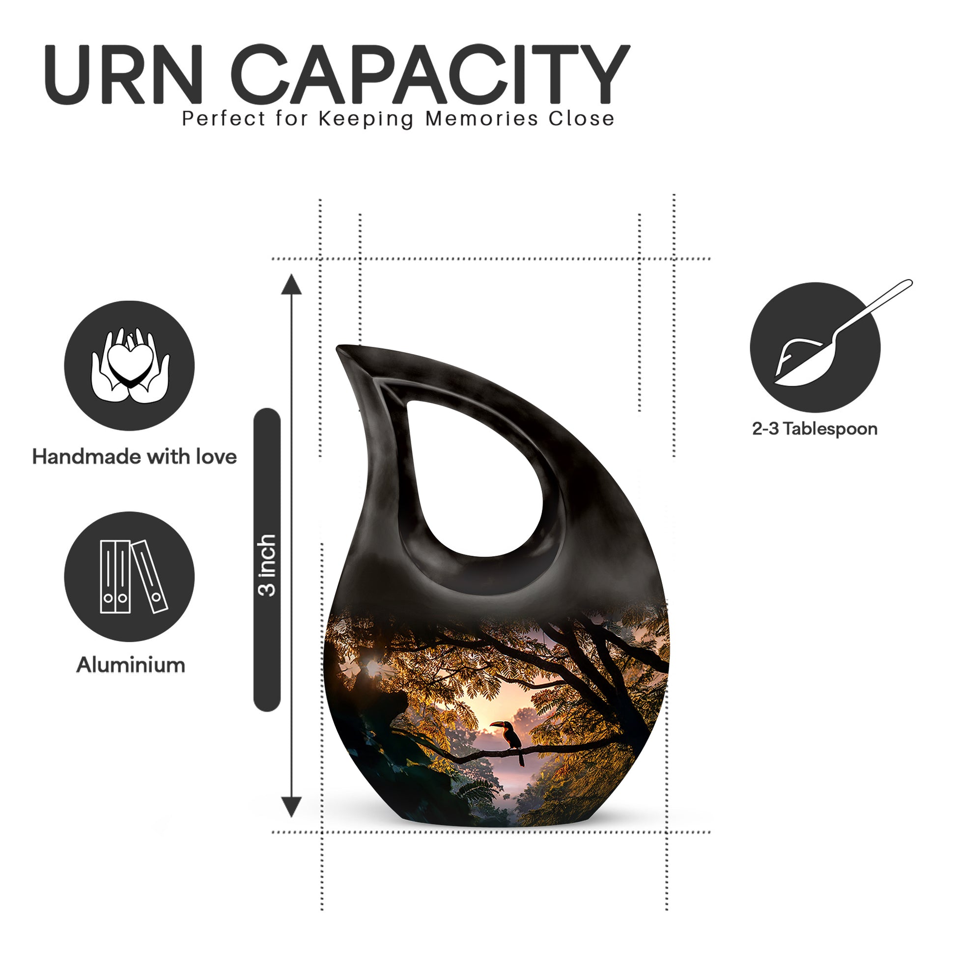 Jet Black Hornbill Cremation Urn back view with polished surface - sacred cross merged with hornbill motif on metal - mini keepsake memorial for portion of cremation ashes