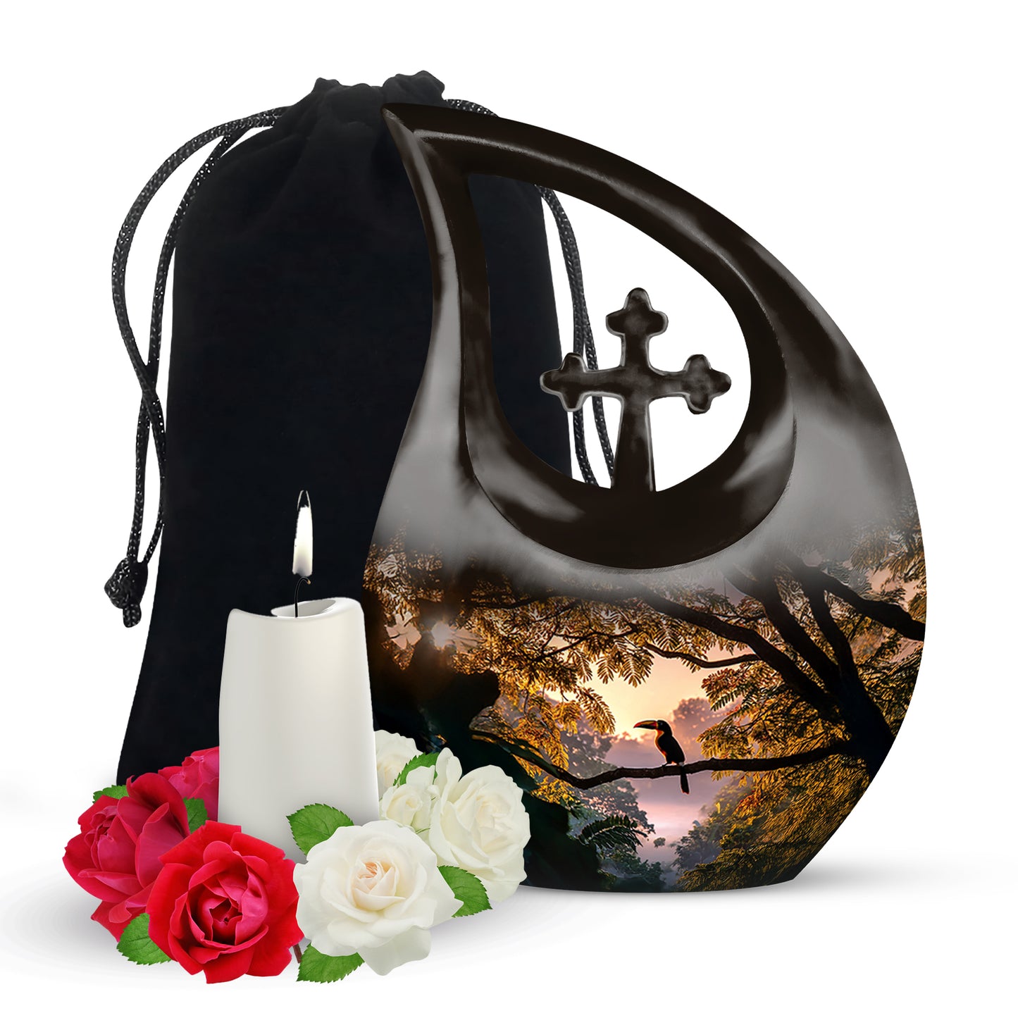 Charcoal Black Hornbill Cremation Urn top-down view of secure threaded lid - devotional cross-drop hornbill engraving - full-size 10 inch 200 cubic inch adult cremation urn