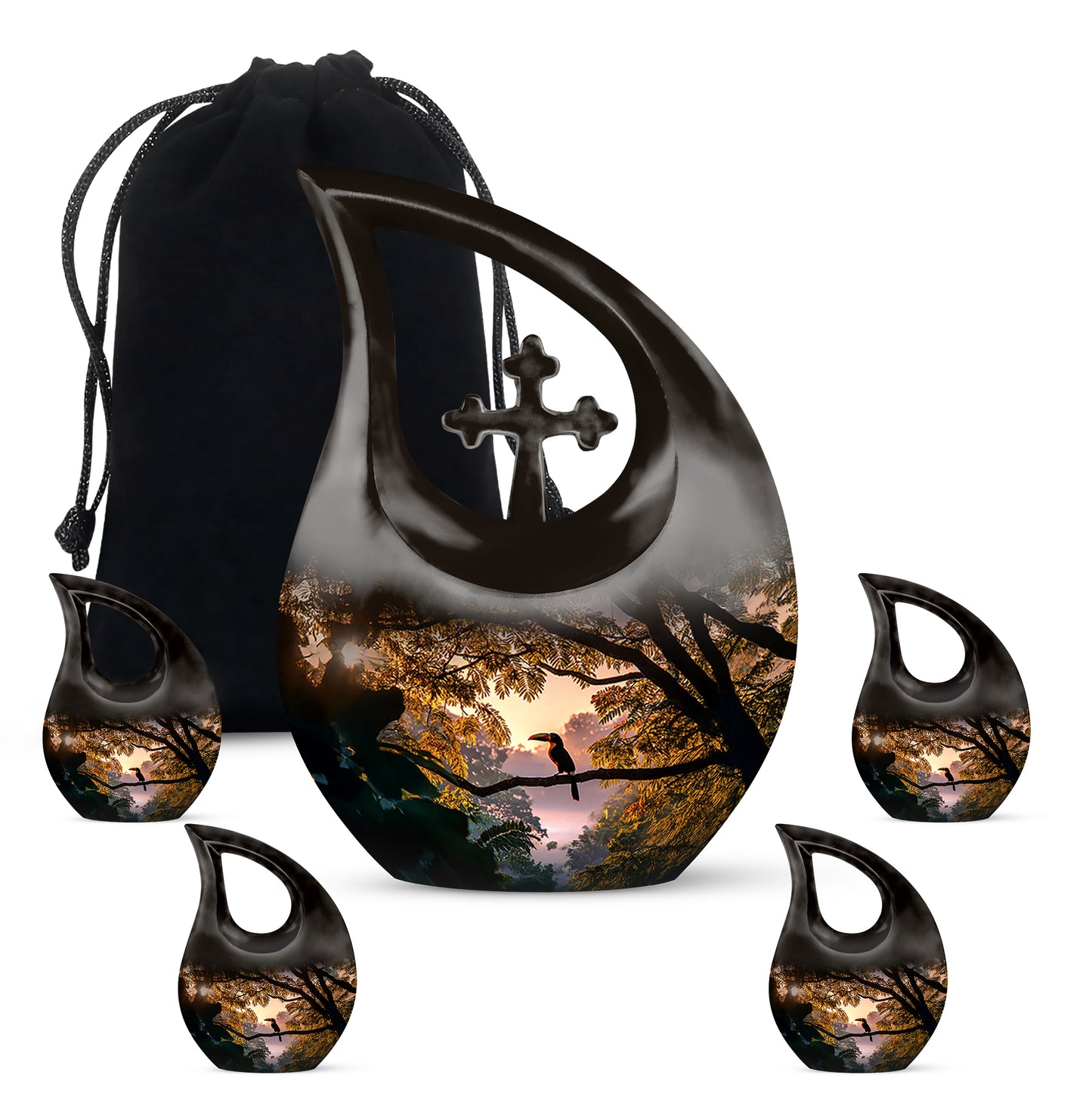 Onyx Black Hornbill Cremation Urn urn with complimentary velvet bag - faith-inspired cross-drop urn with hornbill pattern - memorial set with one large and four small urns