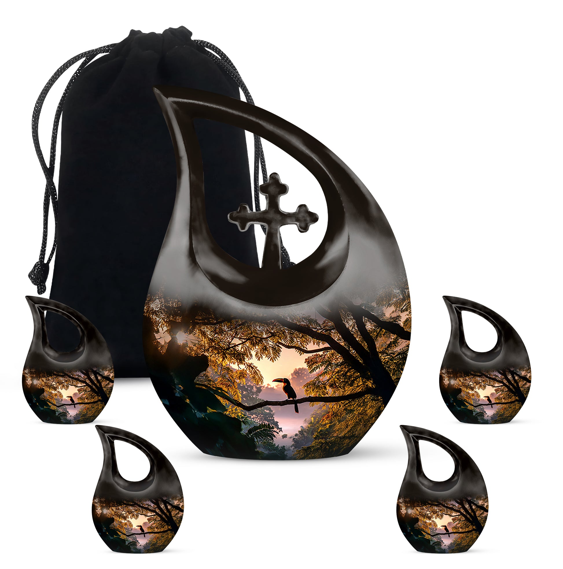 Onyx Black Hornbill Cremation Urn urn with complimentary velvet bag - faith-inspired cross-drop urn with hornbill pattern - memorial set with one large and four small urns