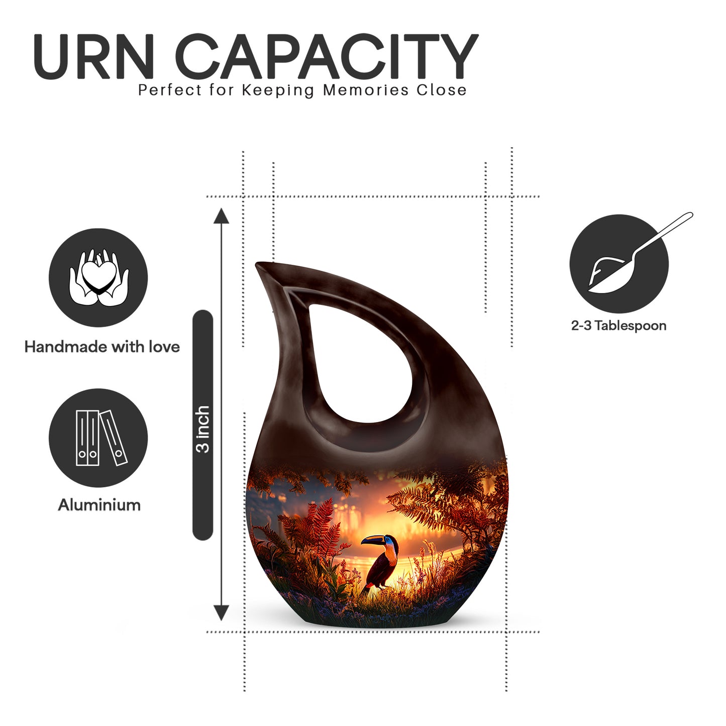 Garnet Red Hornbill Cremation Urn back view with polished surface - cross and hornbill combined in spiritual memorial design - mini keepsake memorial for portion of cremation ashes