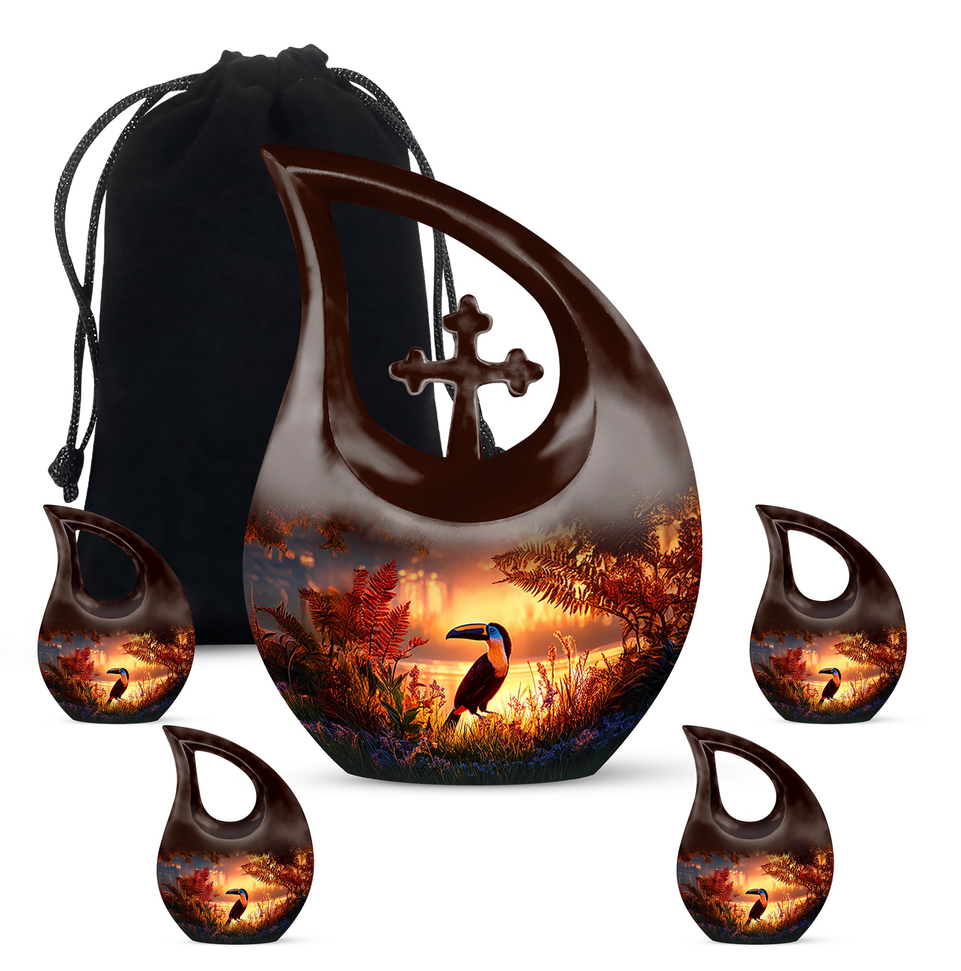 Garnet Red Hornbill Cremation Urn urn with complimentary velvet bag - cross and hornbill combined in spiritual memorial design - memorial set with one large and four small urns