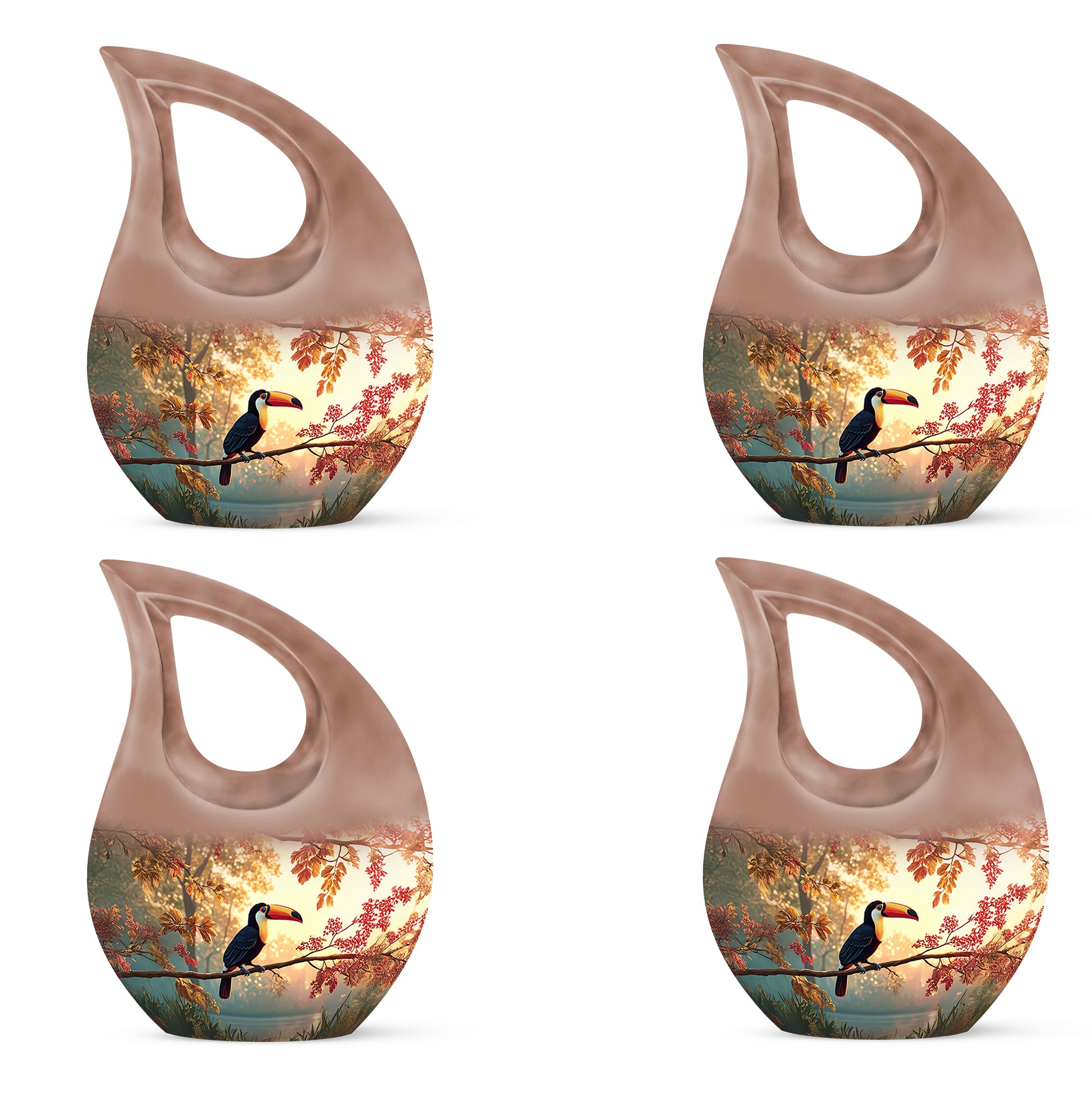 Warm Gold Hornbill Cremation Urn lifestyle display on memorial shelf - devotional cross-drop hornbill engraving - 10 inch aluminum urn for cremated remains