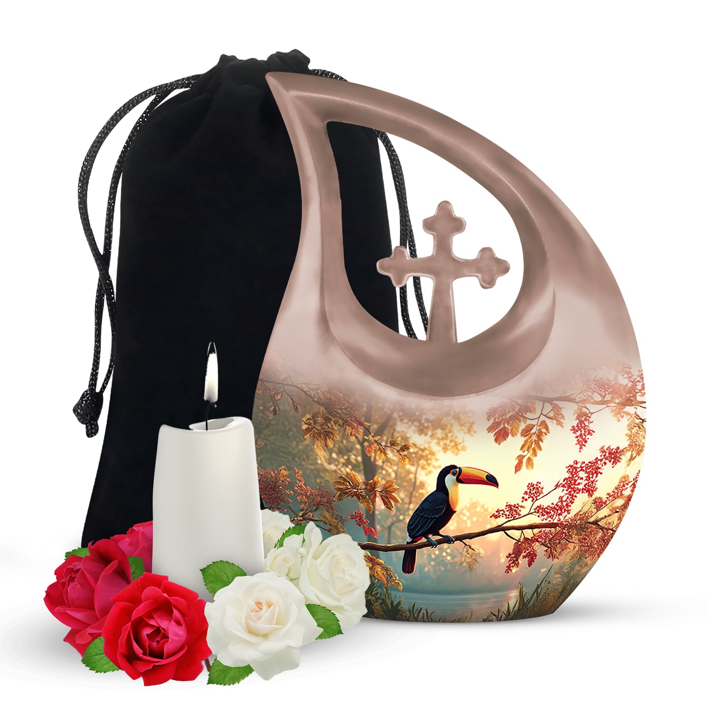 Burnished Gold Hornbill Cremation Urn top-down view of secure threaded lid - devotional cross-drop hornbill engraving - full-size 10 inch 200 cubic inch adult cremation urn