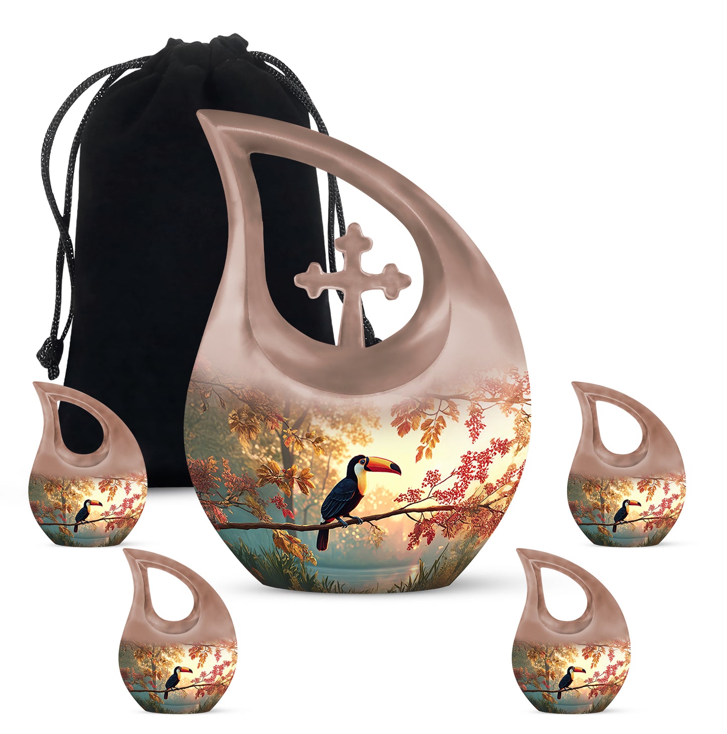 Champagne Gold Hornbill Cremation Urn urn with complimentary velvet bag - sacred cross merged with hornbill motif on metal - memorial set with one large and four small urns