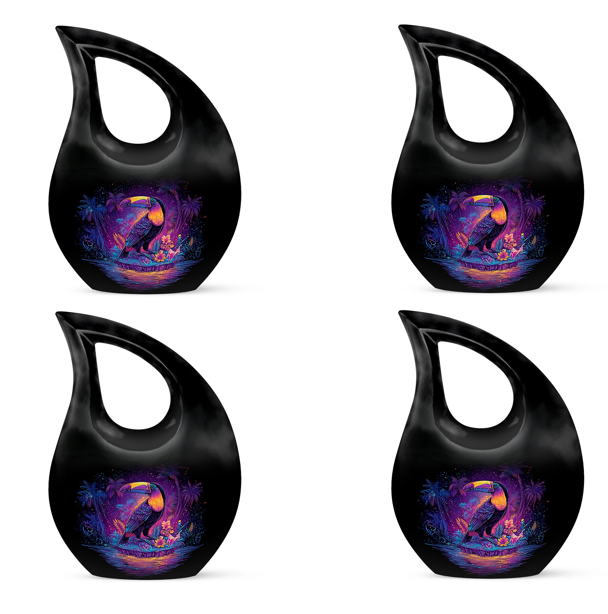 Rich Black Hornbill Cremation Urn lifestyle display on memorial shelf - cross and hornbill combined in spiritual memorial design - 10 inch aluminum urn for cremated remains