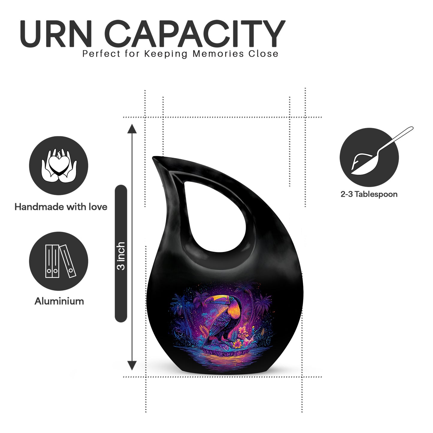Ebony Hornbill Cremation Urn back view with polished surface - cross and hornbill combined in spiritual memorial design - mini keepsake memorial for portion of cremation ashes