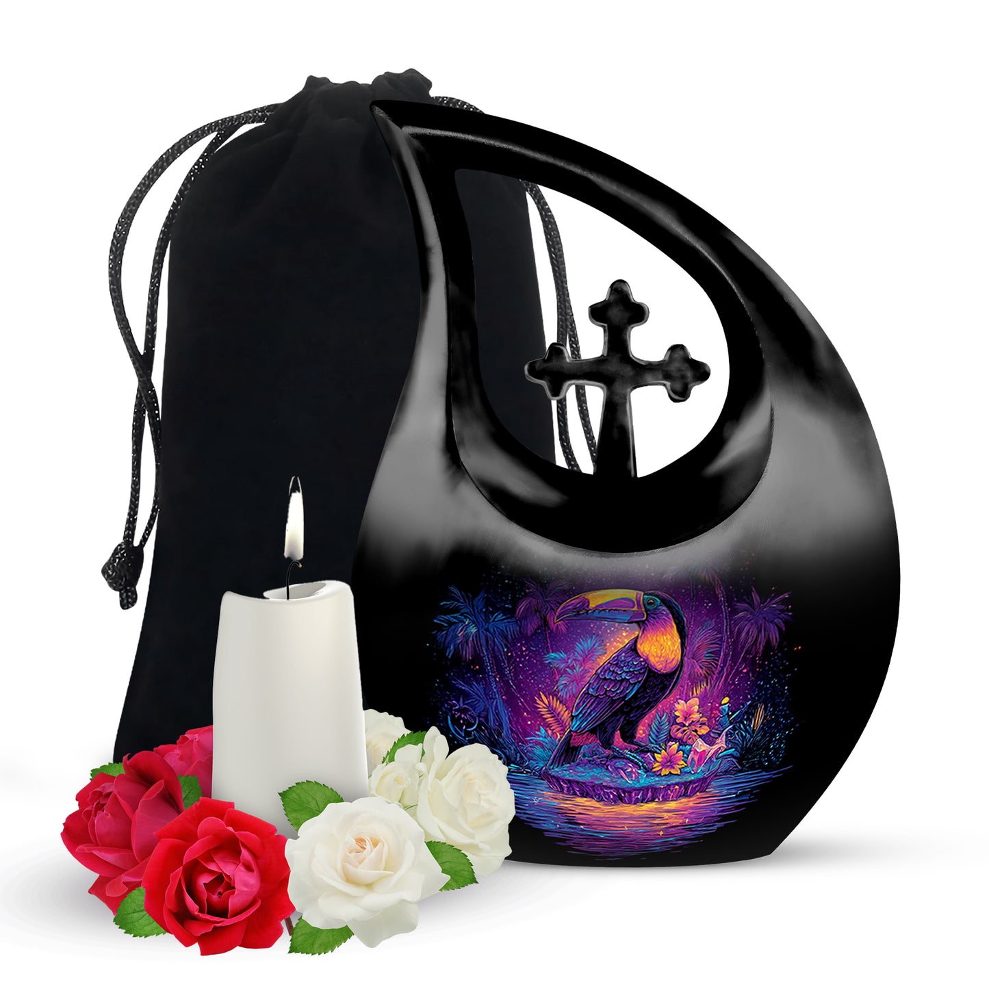 Midnight Black Hornbill Cremation Urn top-down view of secure threaded lid - devotional cross-drop hornbill engraving - full-size 10 inch 200 cubic inch adult cremation urn