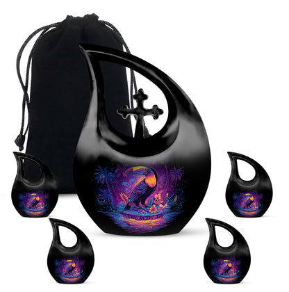 Ebony Hornbill Cremation Urn urn with complimentary velvet bag - cross and hornbill combined in spiritual memorial design - memorial set with one large and four small urns