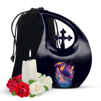 Azure Hornbill Cremation Urn top-down view of secure threaded lid - sacred cross merged with hornbill motif on metal - full-size 10 inch 200 cubic inch adult cremation urn