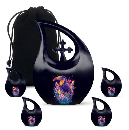 Cobalt Blue Hornbill Cremation Urn urn with complimentary velvet bag - devotional cross-drop hornbill engraving - memorial set with one large and four small urns