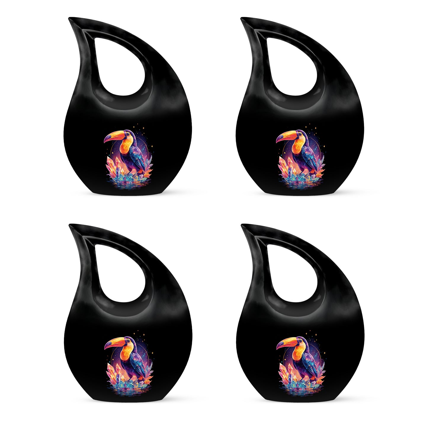 Jet Black Hornbill Cremation Urn lifestyle display on memorial shelf - cross and hornbill combined in spiritual memorial design - 10 inch aluminum urn for cremated remains