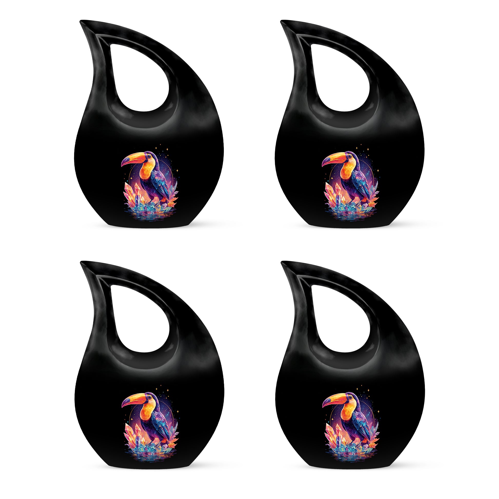 Jet Black Hornbill Cremation Urn lifestyle display on memorial shelf - cross and hornbill combined in spiritual memorial design - 10 inch aluminum urn for cremated remains