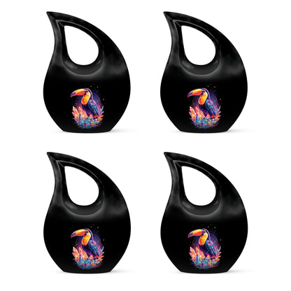 Jet Black Hornbill Cremation Urn lifestyle display on memorial shelf - cross and hornbill combined in spiritual memorial design - 10 inch aluminum urn for cremated remains
