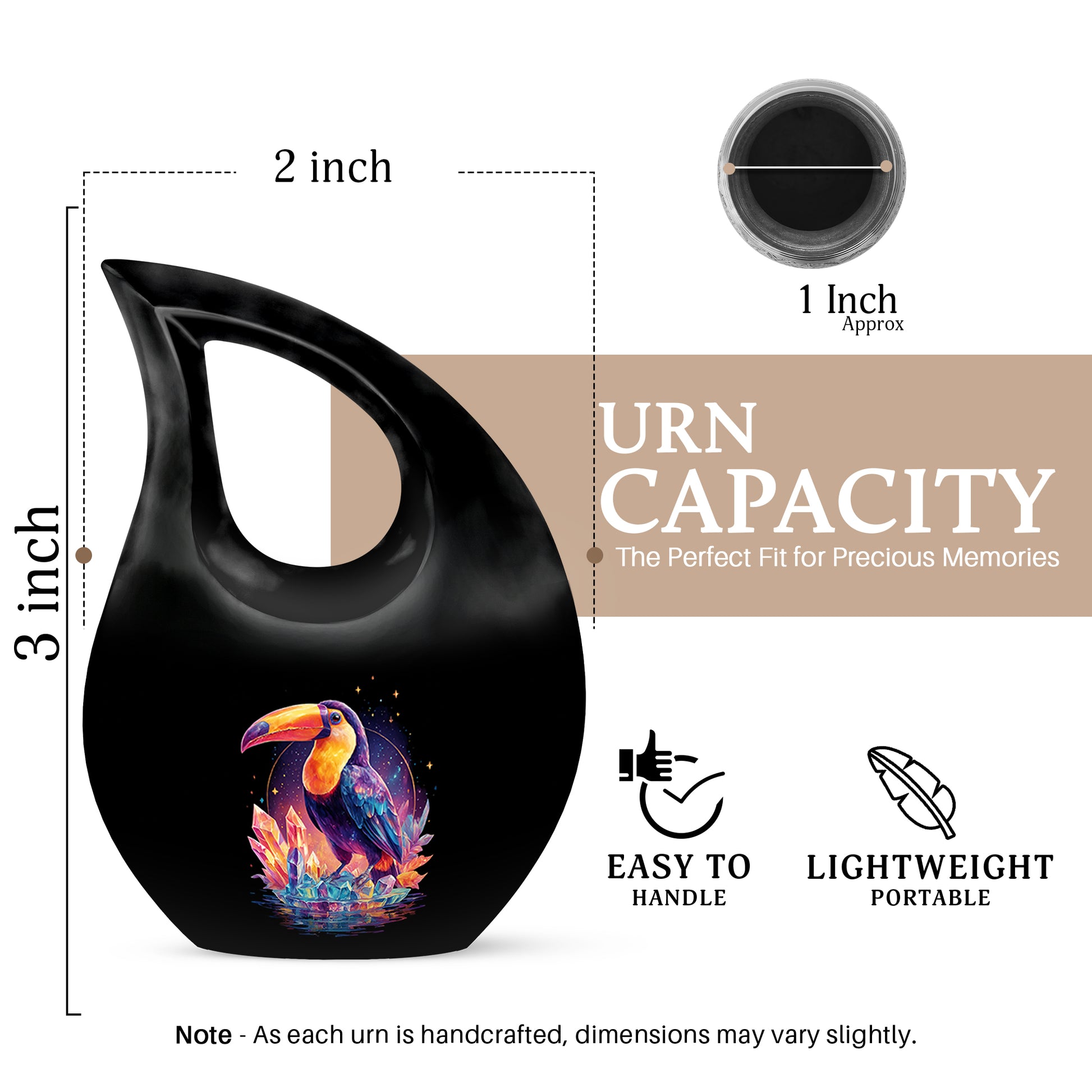 Glossy Black Hornbill Cremation Urn back view with polished surface - cross and hornbill combined in spiritual memorial design - mini keepsake memorial for portion of cremation ashes