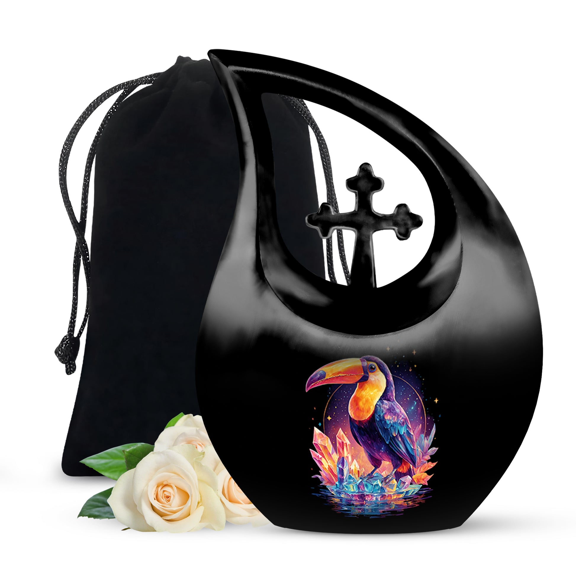 Dark Black Hornbill Cremation Urn top-down view of secure threaded lid - faith-inspired cross-drop urn with hornbill pattern - full-size 10 inch 200 cubic inch adult cremation urn