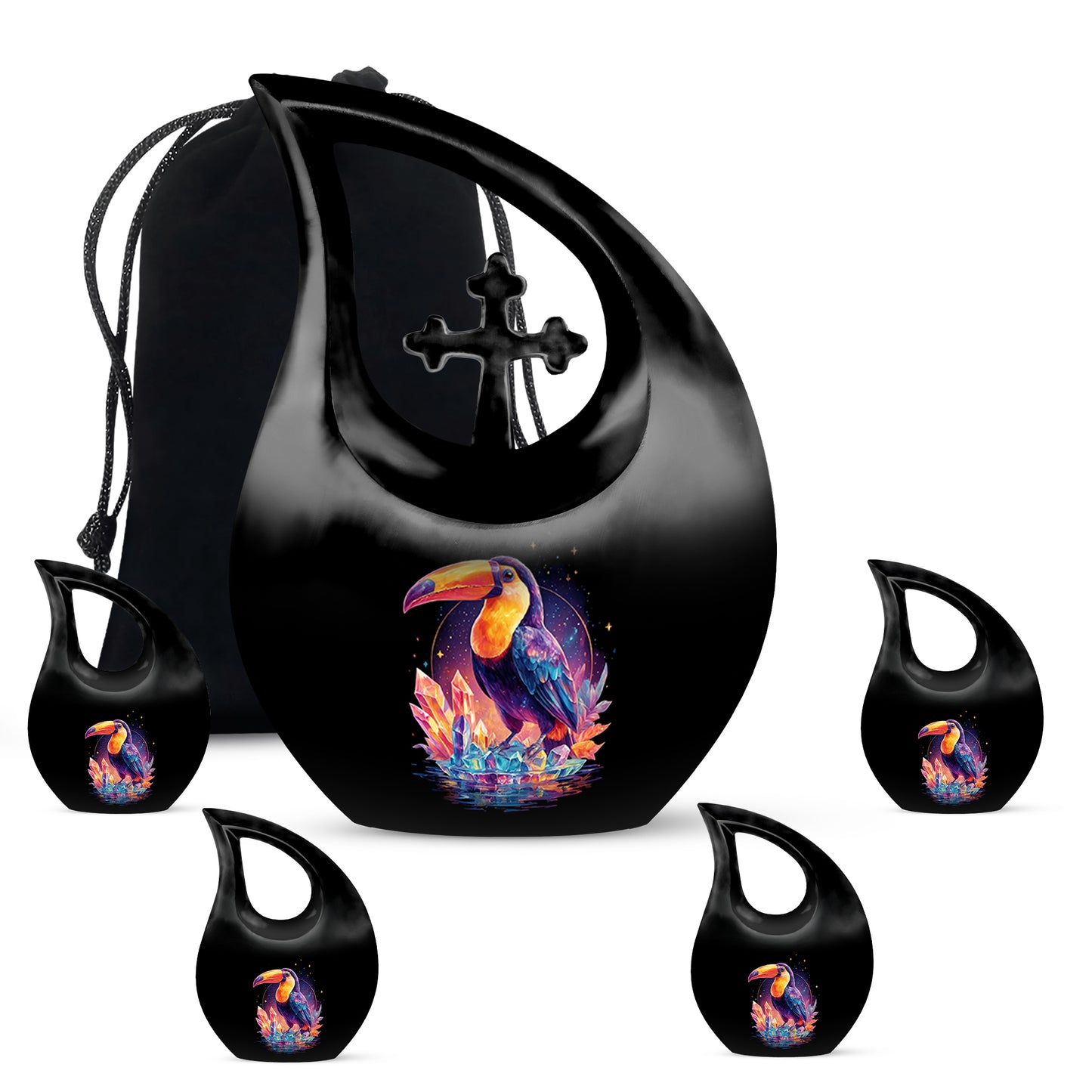 Glossy Black Hornbill Cremation Urn urn with complimentary velvet bag - cross and hornbill combined in spiritual memorial design - memorial set with one large and four small urns