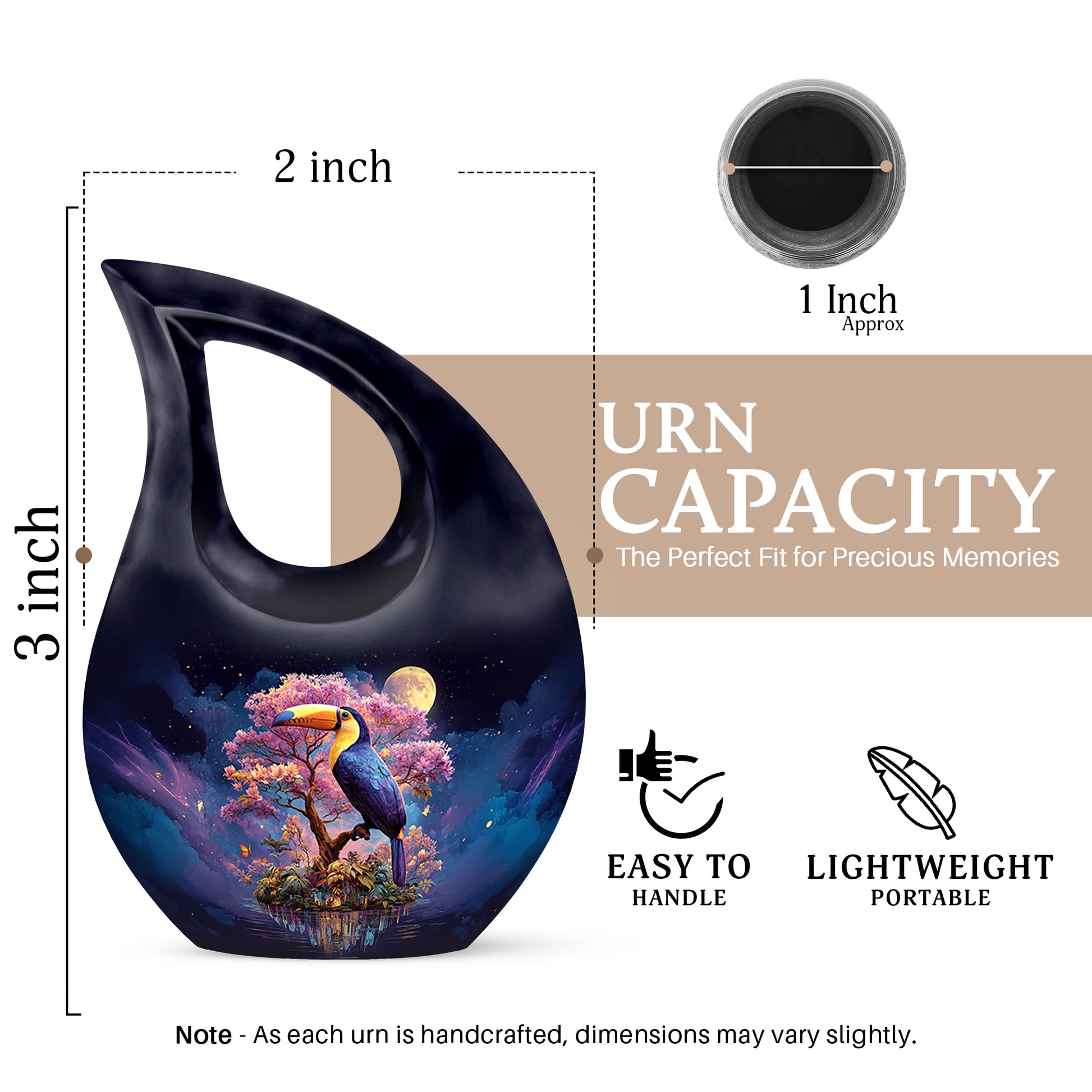 Misty Blue Hornbill Cremation Urn back view with polished surface - sacred cross merged with hornbill motif on metal - mini keepsake memorial for portion of cremation ashes
