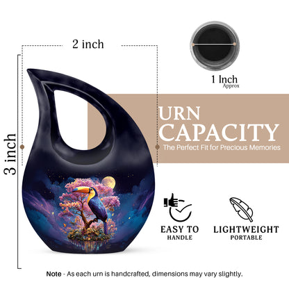 Misty Blue Hornbill Cremation Urn back view with polished surface - sacred cross merged with hornbill motif on metal - mini keepsake memorial for portion of cremation ashes