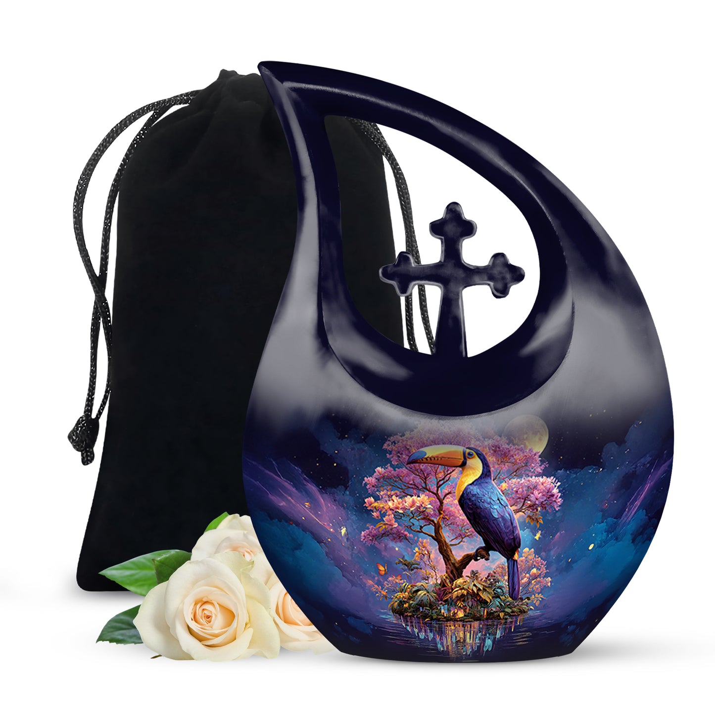 Bright Blue Hornbill Cremation Urn top-down view of secure threaded lid - faith-inspired cross-drop urn with hornbill pattern - full-size 10 inch 200 cubic inch adult cremation urn
