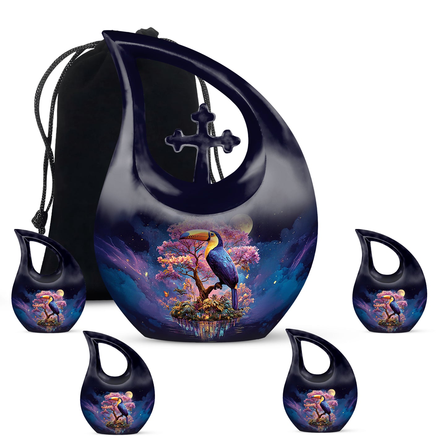 Twilight Blue Hornbill Cremation Urn urn with complimentary velvet bag - faith-inspired cross-drop urn with hornbill pattern - memorial set with one large and four small urns