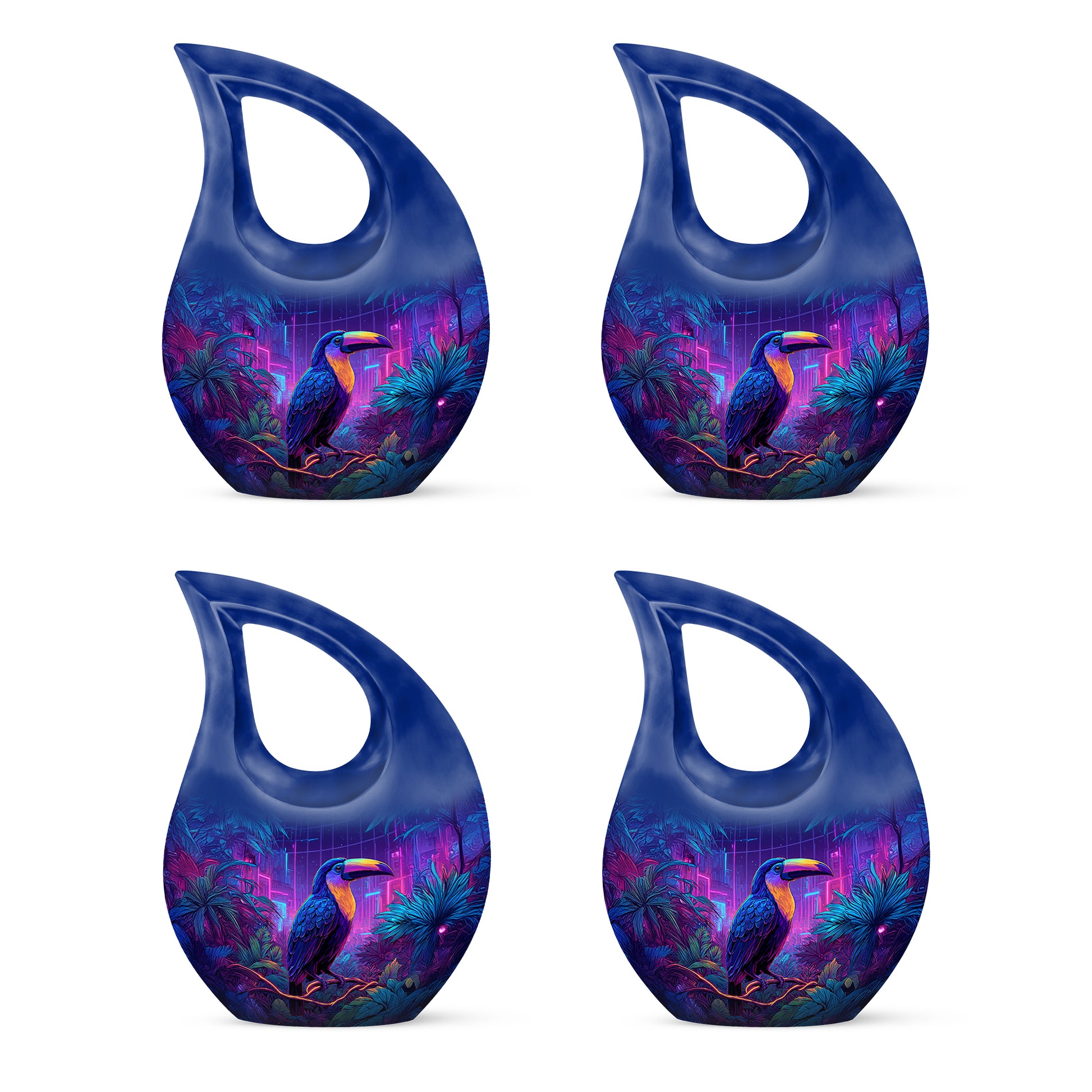 Sapphire Blue Hornbill Cremation Urn lifestyle display on memorial shelf - faith-inspired cross-drop urn with hornbill pattern - 10 inch aluminum urn for cremated remains