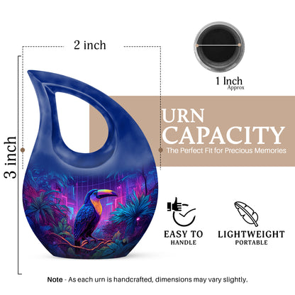 Azure Hornbill Cremation Urn back view with polished surface - cross and hornbill combined in spiritual memorial design - mini keepsake memorial for portion of cremation ashes