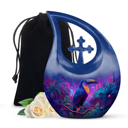 Cobalt Blue Hornbill Cremation Urn top-down view of secure threaded lid - faith-inspired cross-drop urn with hornbill pattern - full-size 10 inch 200 cubic inch adult cremation urn