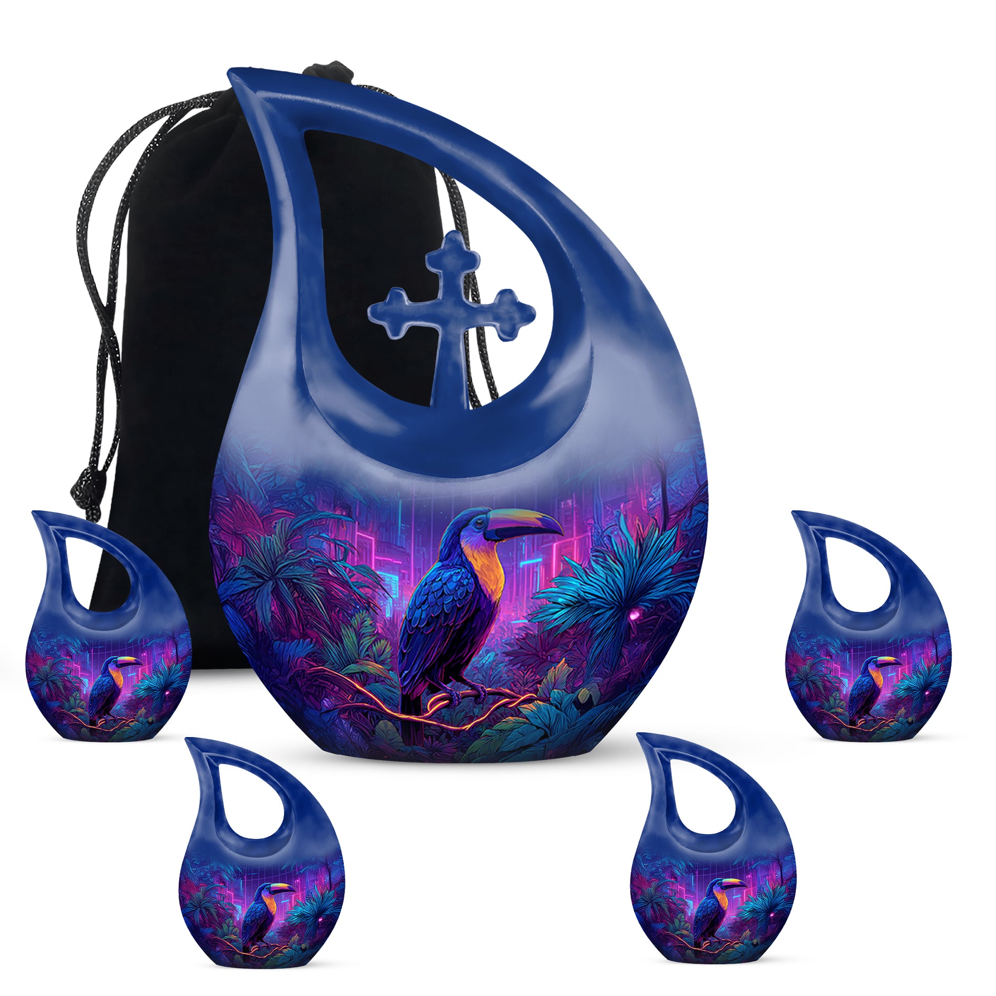 Dusty Blue Hornbill Cremation Urn urn with complimentary velvet bag - cross and hornbill combined in spiritual memorial design - memorial set with one large and four small urns