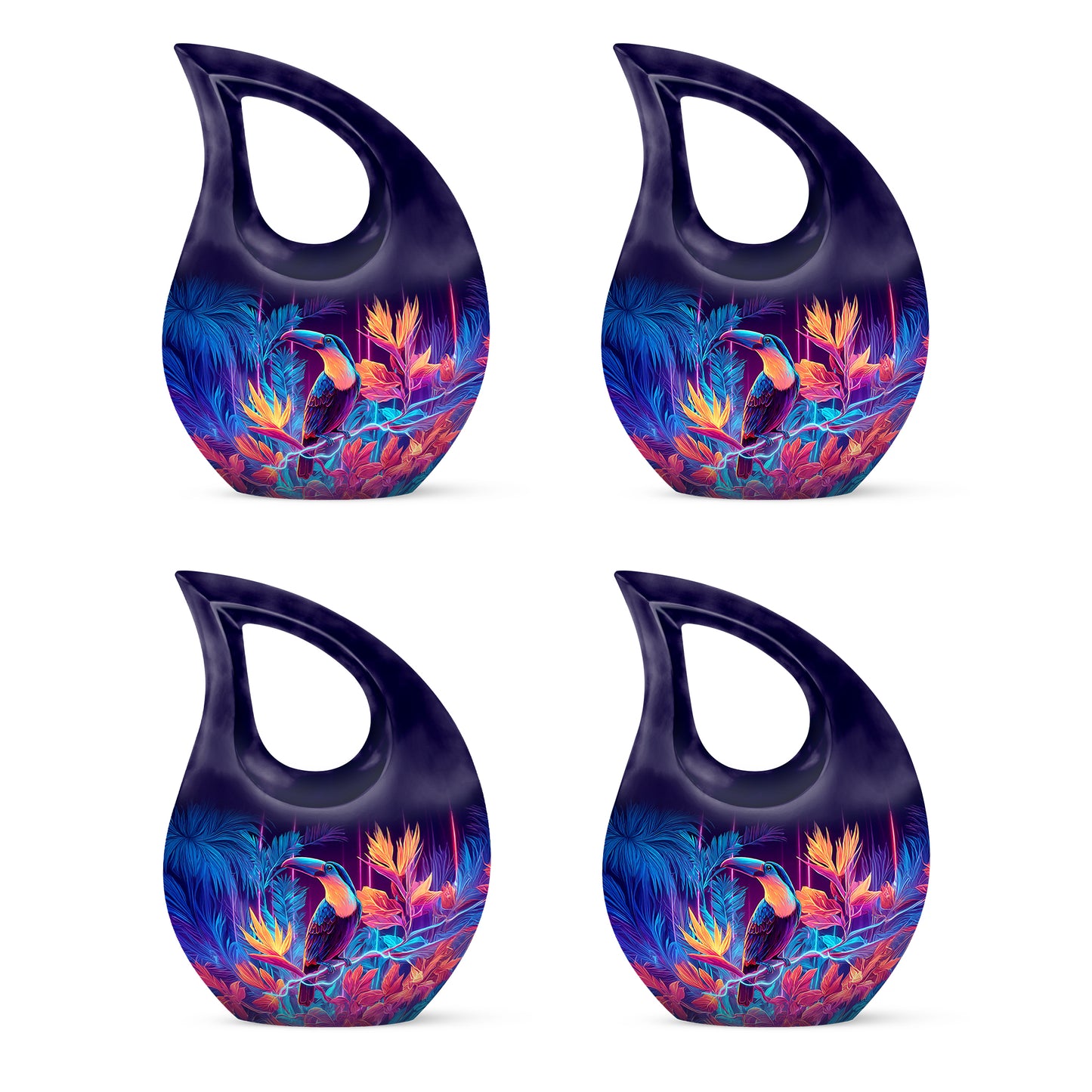 Royal Purple Hornbill Cremation Urn lifestyle display on memorial shelf - devotional cross-drop hornbill engraving - 10 inch aluminum urn for cremated remains