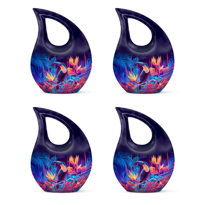 Royal Purple Hornbill Cremation Urn lifestyle display on memorial shelf - devotional cross-drop hornbill engraving - 10 inch aluminum urn for cremated remains