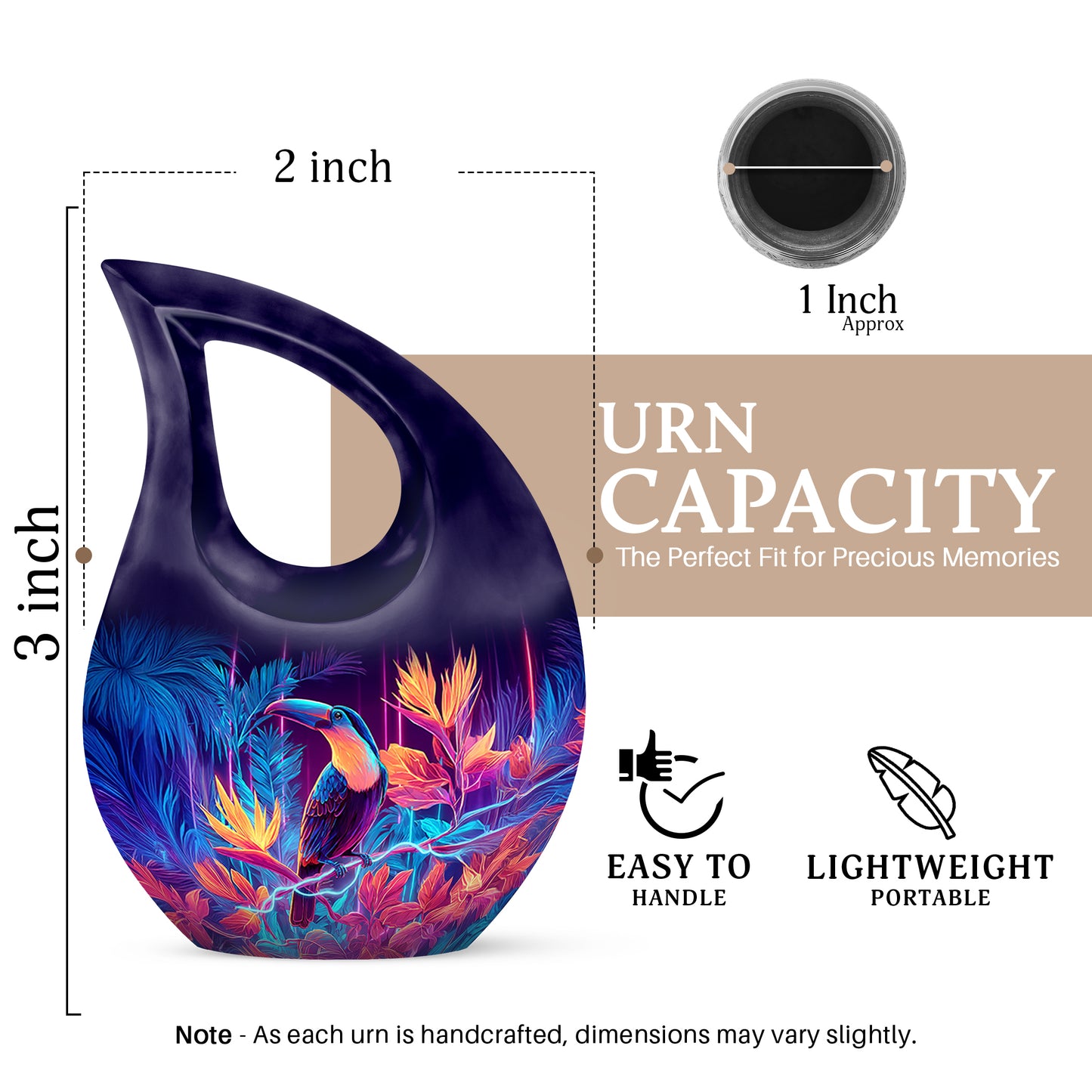 Violet Purple Hornbill Cremation Urn back view with polished surface - devotional cross-drop hornbill engraving - mini keepsake memorial for portion of cremation ashes