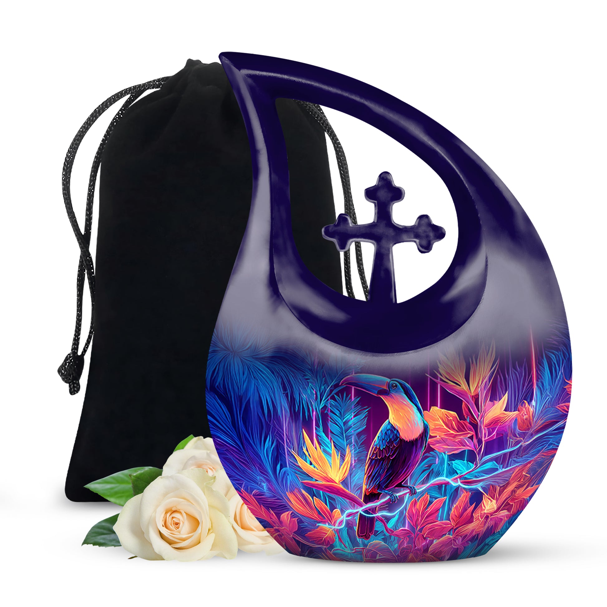 Orchid Purple Hornbill Cremation Urn top-down view of secure threaded lid - cross and hornbill combined in spiritual memorial design - full-size 10 inch 200 cubic inch adult cremation urn