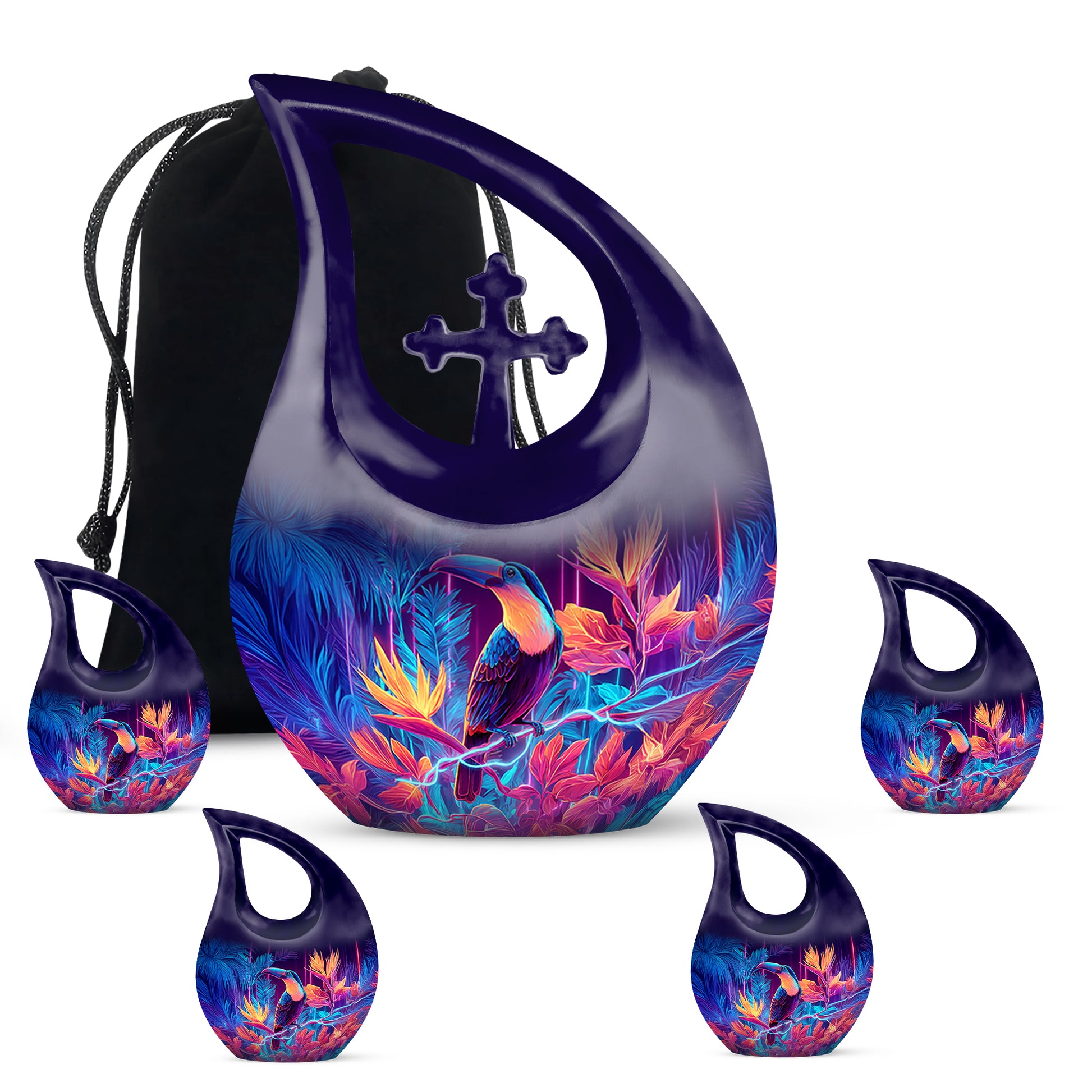 Amethyst Purple Hornbill Cremation Urn urn with complimentary velvet bag - sacred cross merged with hornbill motif on metal - memorial set with one large and four small urns