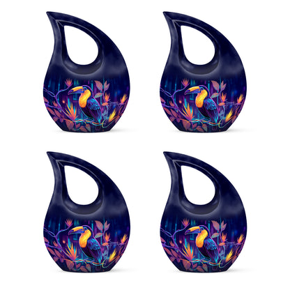 Serene Blue Hornbill Cremation Urn lifestyle display on memorial shelf - faith-inspired cross-drop urn with hornbill pattern - 10 inch aluminum urn for cremated remains