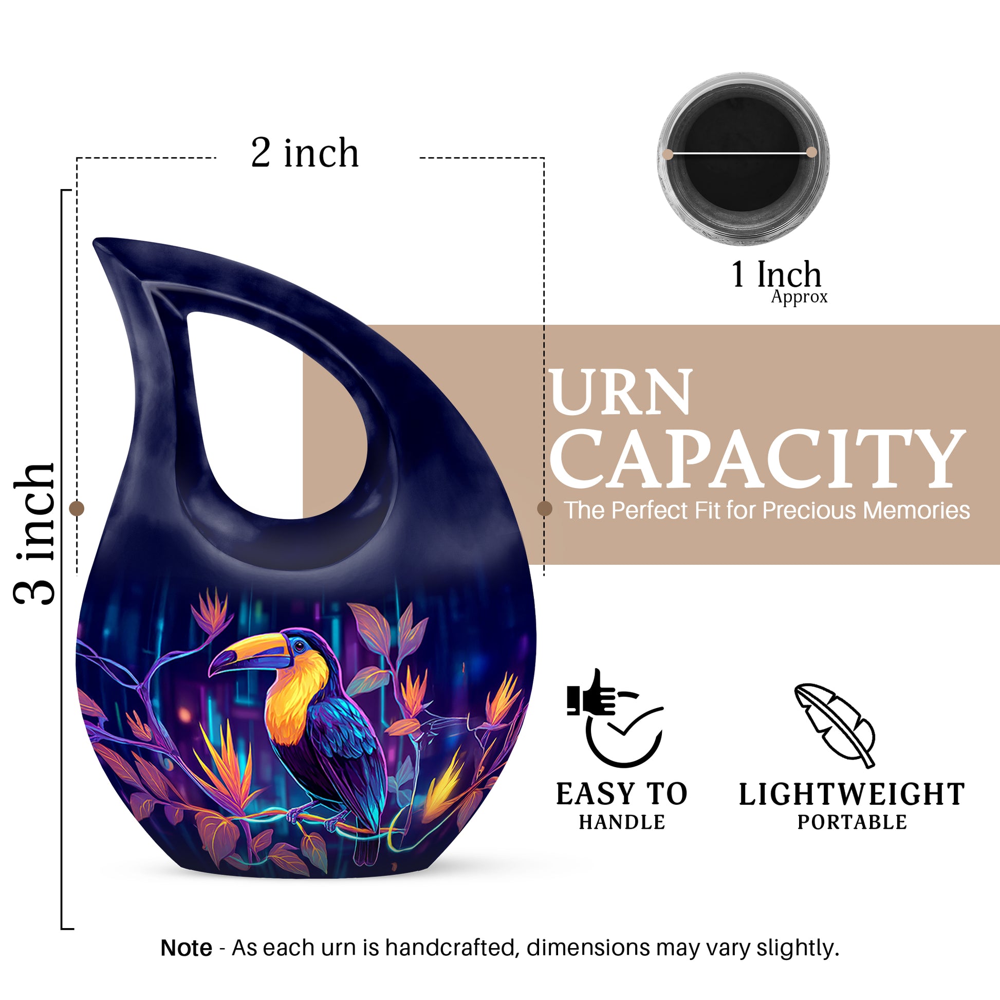 Cobalt Blue Hornbill Cremation Urn back view with polished surface - devotional cross-drop hornbill engraving - mini keepsake memorial for portion of cremation ashes