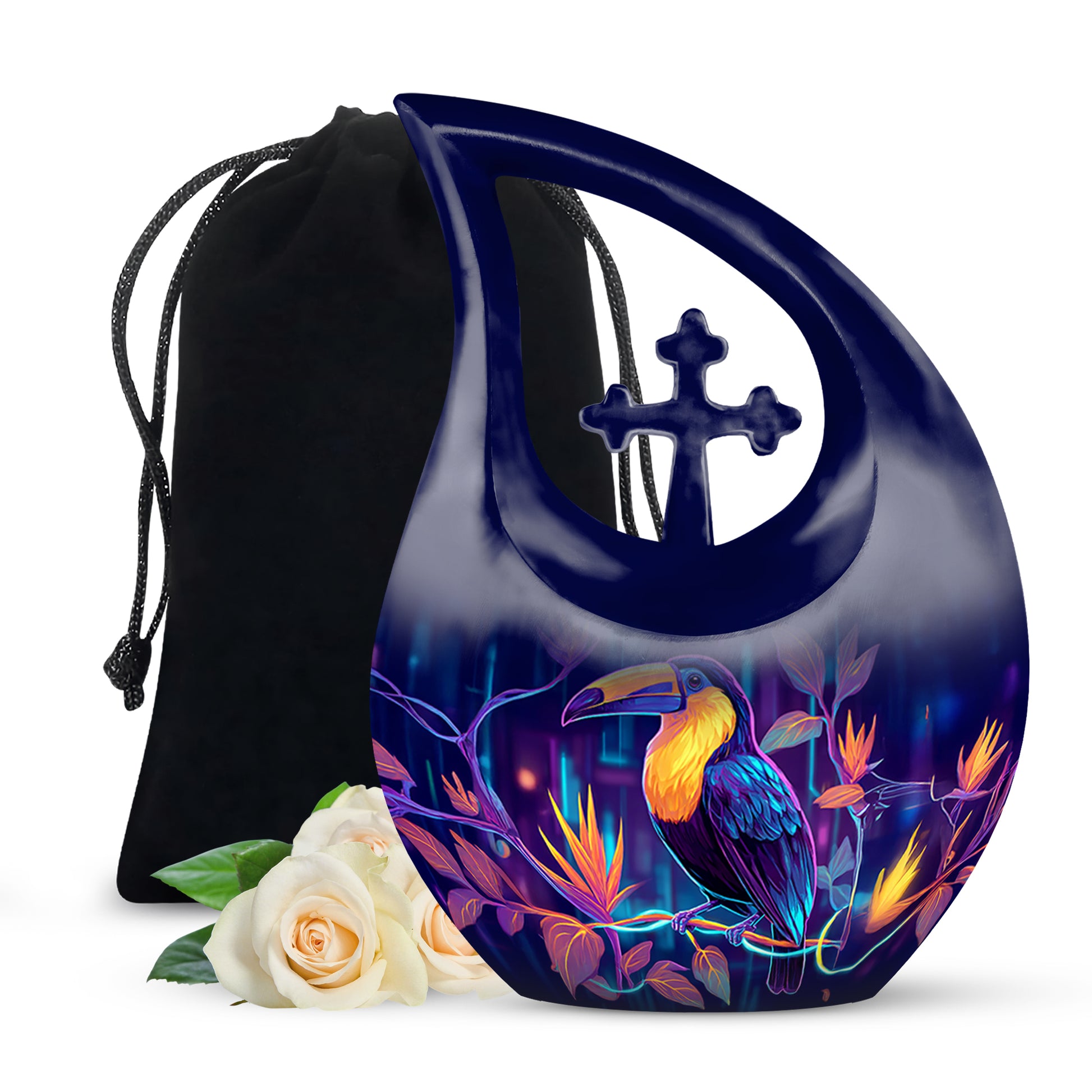 Indigo Hornbill Cremation Urn top-down view of secure threaded lid - sacred cross merged with hornbill motif on metal - full-size 10 inch 200 cubic inch adult cremation urn