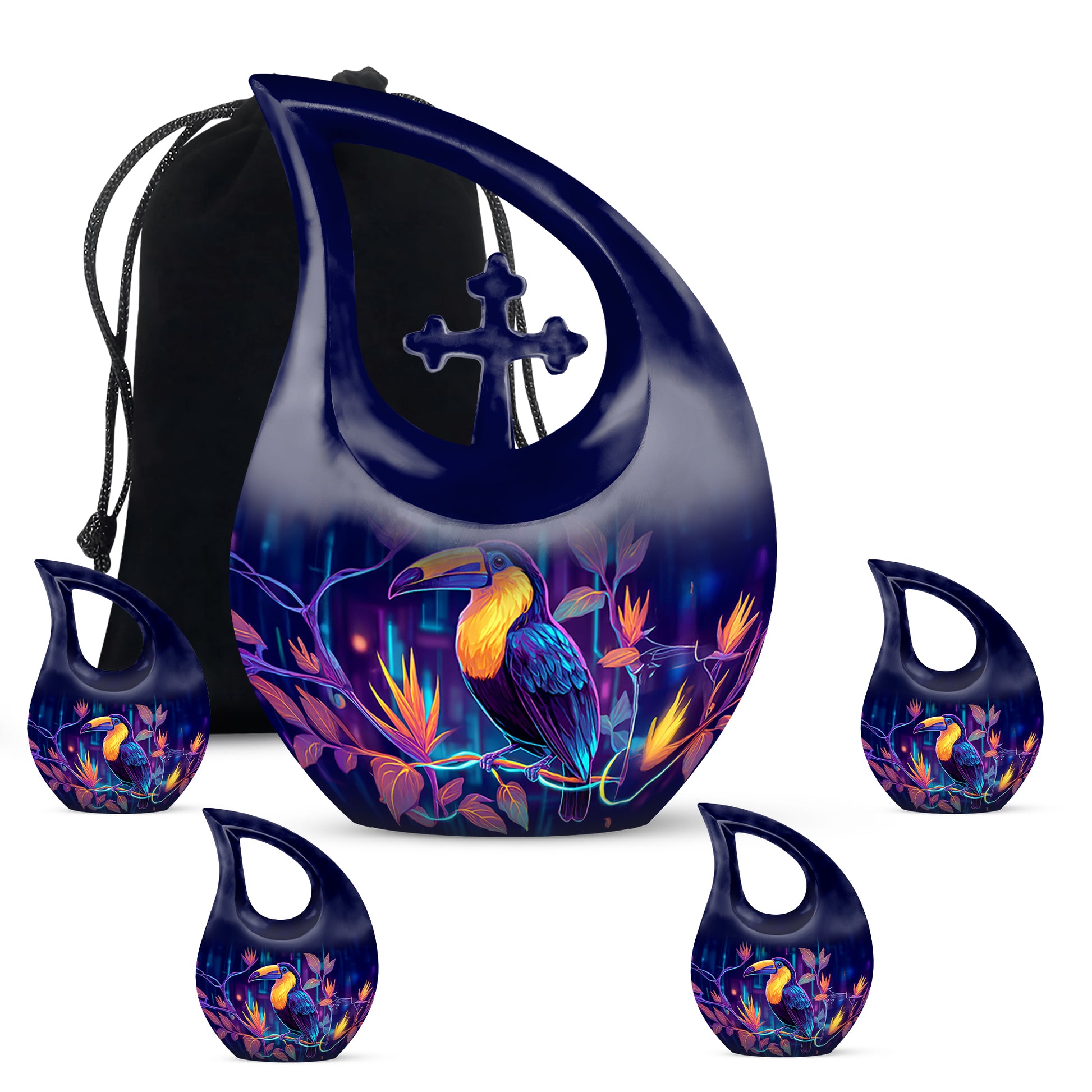 Cornflower Blue Hornbill Cremation Urn urn with complimentary velvet bag - faith-inspired cross-drop urn with hornbill pattern - memorial set with one large and four small urns