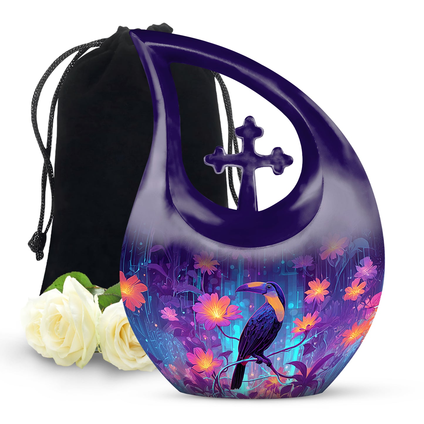 Dusty Blue Hornbill Cremation Urn top-down view of secure threaded lid - cross and hornbill combined in spiritual memorial design - full-size 10 inch 200 cubic inch adult cremation urn