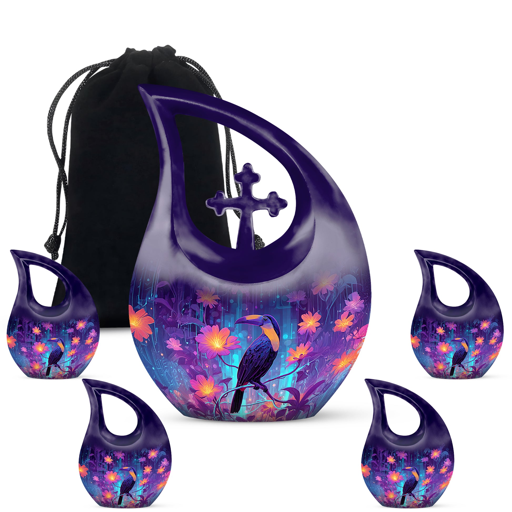 Indigo Hornbill Cremation Urn urn with complimentary velvet bag - sacred cross merged with hornbill motif on metal - memorial set with one large and four small urns