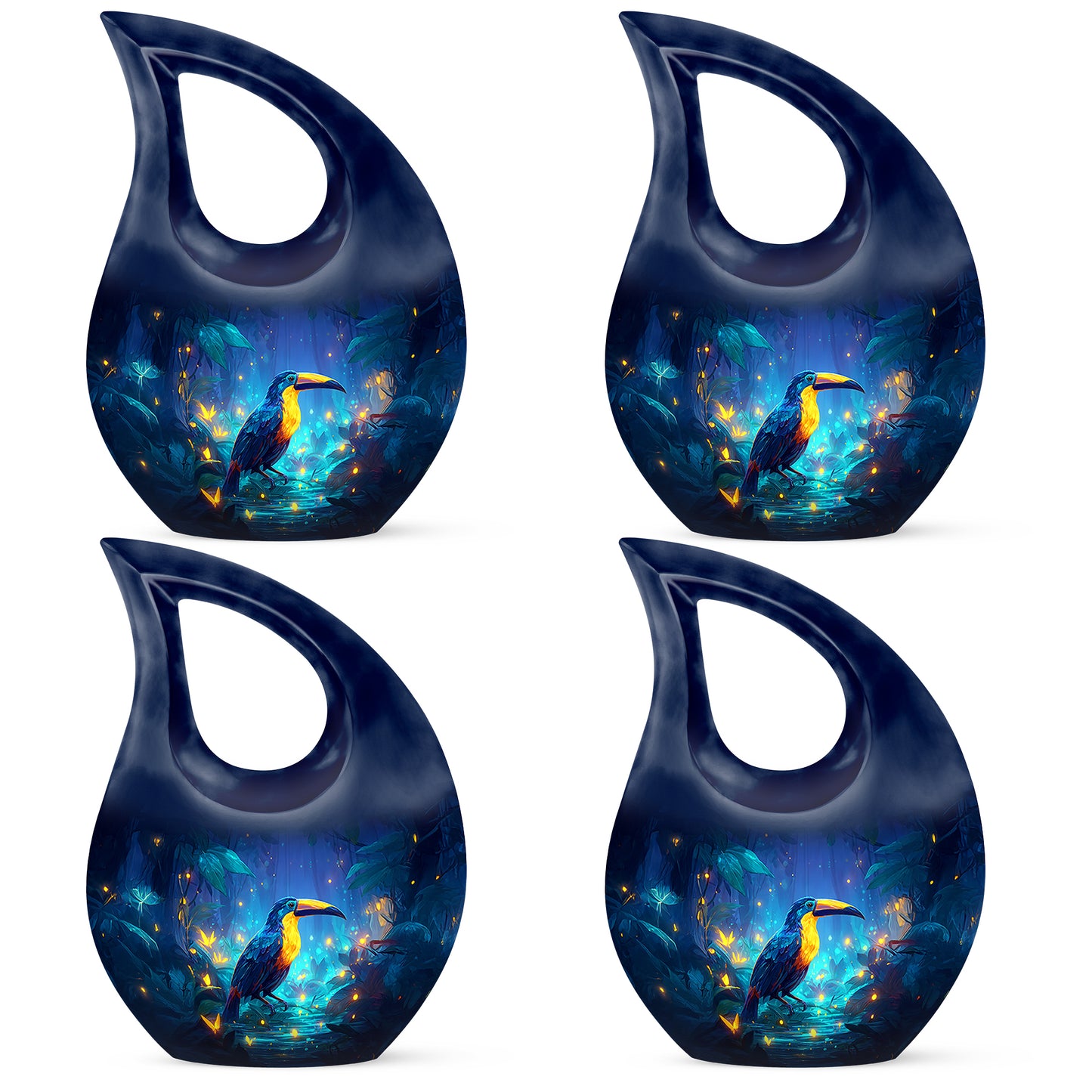 Icy Blue Hornbill Cremation Urn lifestyle display on memorial shelf - sacred cross merged with hornbill motif on metal - 10 inch aluminum urn for cremated remains