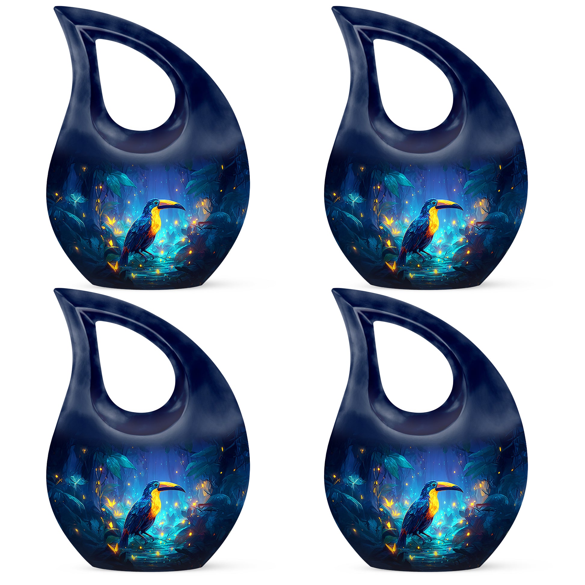 Icy Blue Hornbill Cremation Urn lifestyle display on memorial shelf - sacred cross merged with hornbill motif on metal - 10 inch aluminum urn for cremated remains