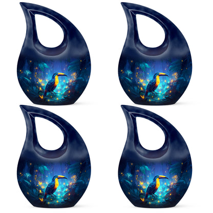 Icy Blue Hornbill Cremation Urn lifestyle display on memorial shelf - sacred cross merged with hornbill motif on metal - 10 inch aluminum urn for cremated remains