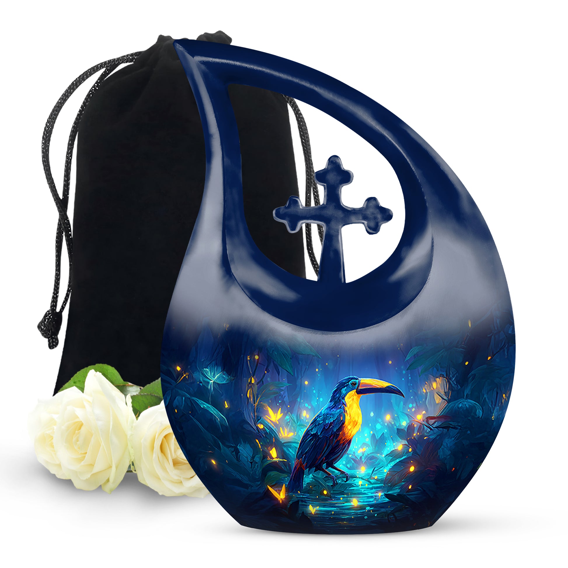 Misty Blue Hornbill Cremation Urn top-down view of secure threaded lid - cross and hornbill combined in spiritual memorial design - full-size 10 inch 200 cubic inch adult cremation urn